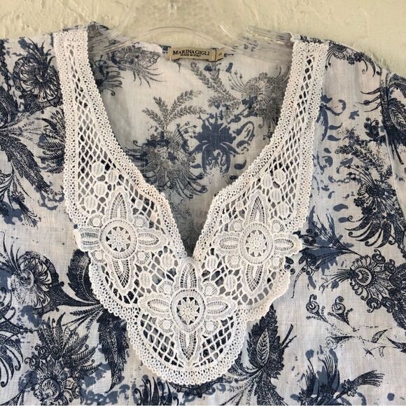 MARINA GIGLI Linen Floral Embroidered Short Sleeve Top Size Small Italy Boxy - Picture 2 of 5